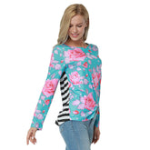 Kaamastra Blue Floral & Stripes Print Full Sleeve women's Top